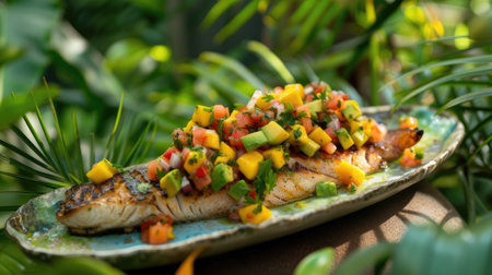 grilled snapper adorned with a tropical salsa, bursting with the freshness of mango and avocado, elegantly presented on a porcelain platter against a backdrop of lush greeneryの素材