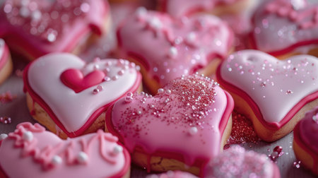delicately decorated sweets, heart-shaped cookies adorned with pink and red icing, and sprinkled with edible glitter, evoking a sense of romance and indulgenceの素材