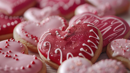delicately decorated sweets, heart-shaped cookies adorned with pink and red icing, and sprinkled with edible glitter, evoking a sense of romance and indulgenceの素材