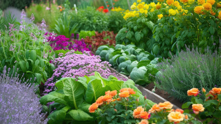 a garden adorned with raised beds, where lush greenery thrives alongside colorful blooms of a rose garden and the soothing aroma of lavender, creating a picturesque oasis of beautyの素材