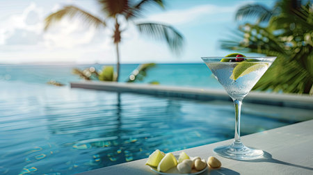 cocktail on the pool deck, its crystal-clear glass shimmering in the sunlight against a backdrop of tranquil blue waters, evoking a sense of luxury and relaxationの素材