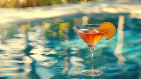 cocktail on the pool deck, its crystal-clear glass shimmering in the sunlight against a backdrop of tranquil blue waters, evoking a sense of luxury and relaxationの素材