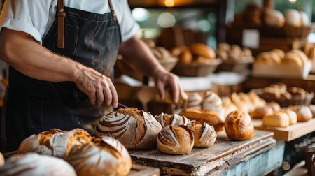 a quaint bakery, where artisanal bread varieties are artfully arranged on a rustic wooden counter, tempting passersby with their delicious aromaの素材