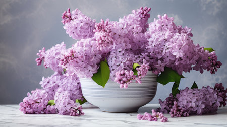 a beautiful bouquet of lilac flowers elegantly arranged in a vintage ceramic cup on a concrete table, with a soft and blurred background adding a touch of nostalgiaの素材