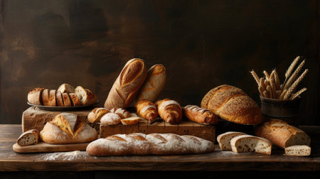 freshly baked artisanal bread arranged on a polished wooden counter, inviting viewers to savor the craftsmanship and flavorの素材