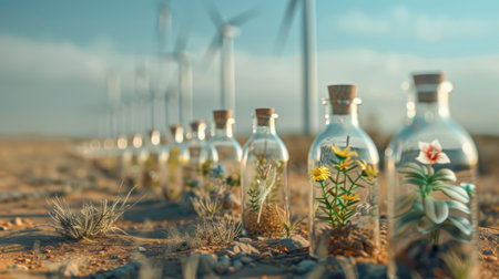 deserts and the delicate beauty of miniature nature enclosed in glass bottles, symbolizing the importance of environmental protectionの素材