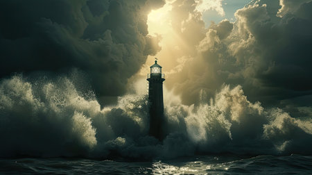 an offshore lighthouse standing tall amidst crashing waves, its sturdy structure weathering the elements while guiding ships safely through treacherous watersの素材