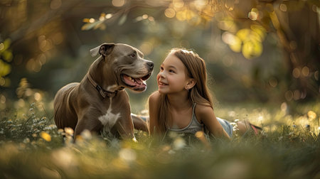a young girl playing with a pitbull in the backyard, their happiness evident in their playful interactions and carefree expressionsの素材