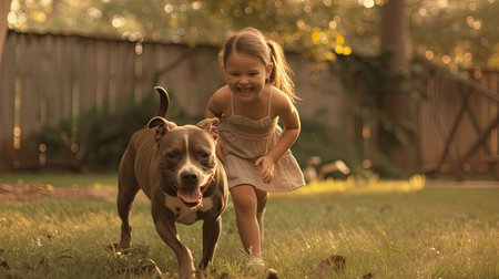 a young girl playing with a pitbull in the backyard, their happiness evident in their playful interactions and carefree expressionsの素材