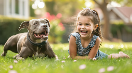 a young girl playing with a pitbull in the backyard, their happiness evident in their playful interactions and carefree expressionsの素材