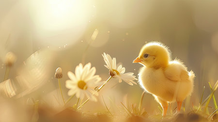 a very cute yellow chick standing against a captivating light monochromatic background, with a delicate flower nearby, creating a heartwarming and enchanting scene of innocence and beauty.の素材