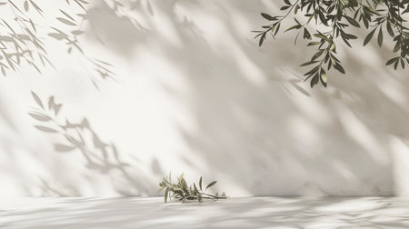 a blank greeting card mockup featuring olive tree branches delicately arranged on a white table background, perfect for wedding invitationsの素材