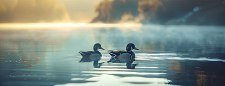 a pair of Wood Ducks gracefully gliding along the tranquil waters next to the shore of a mountain lake, illuminated by the soft hues of early morning lightの素材