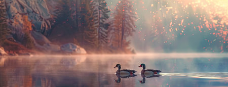 a pair of Wood Ducks gracefully gliding along the tranquil waters next to the shore of a mountain lake, illuminated by the soft hues of early morning lightの素材