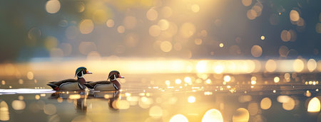a pair of Wood Ducks gracefully gliding along the tranquil waters next to the shore of a mountain lake, illuminated by the soft hues of early morning lightの素材