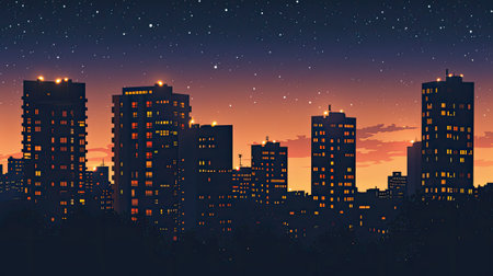 tall buildings in the night city against a dark background, focusing on realism and high detail to convey the urban atmosphereの素材