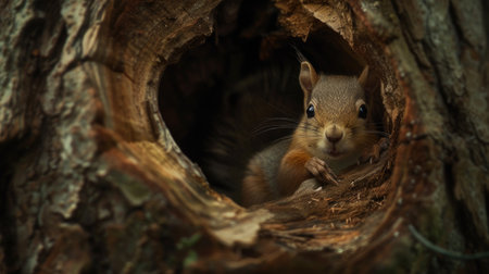 a baby squirrel as it explores and frolics within a cozy hole in a tree, showcasing the innocence and charm of wildlife in a natural settingの素材