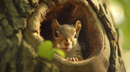 a baby squirrel as it explores and frolics within a cozy hole in a tree, showcasing the innocence and charm of wildlife in a natural settingの素材