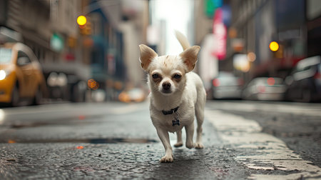 a white Chihuahua gracefully walking through the bustling streets of a modern city, exuding elegance and companionship amidst the urban landscapeの素材