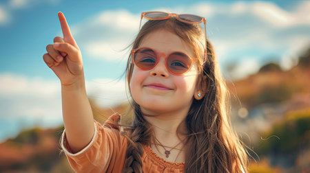 a cute girl with a mischievous smirk, playfully pointing to the sky, with ample copyspace for adding text or graphicsの素材