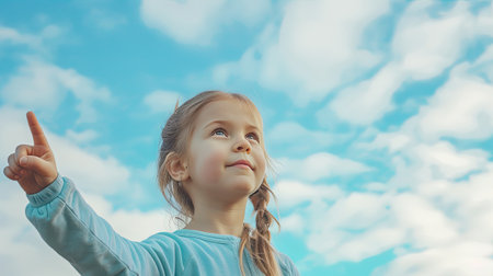 a cute girl with a mischievous smirk, playfully pointing to the sky, with ample copyspace for adding text or graphicsの素材