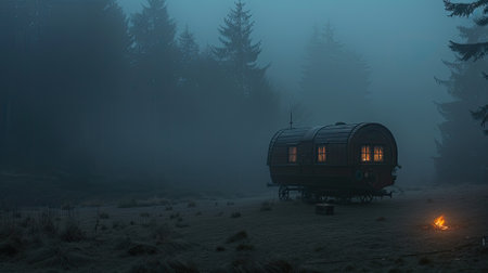 a Romani Vardo nestled in the ominous depths of the black forest on a dark and foggy night, illuminated by the flickering glow of a small campfireの素材