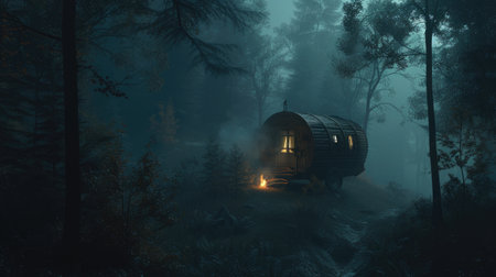 a Romani Vardo nestled in the ominous depths of the black forest on a dark and foggy night, illuminated by the flickering glow of a small campfireの素材