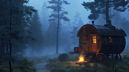 a Romani Vardo nestled in the ominous depths of the black forest on a dark and foggy night, illuminated by the flickering glow of a small campfireの素材