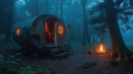 a Romani Vardo nestled in the ominous depths of the black forest on a dark and foggy night, illuminated by the flickering glow of a small campfireの素材