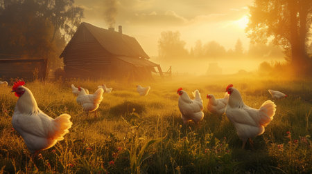 an empty farm greenfield at sunrise, where white hens roam freely, in an ultrarealistic depiction that brings the serene beauty of rural life to lifeの素材