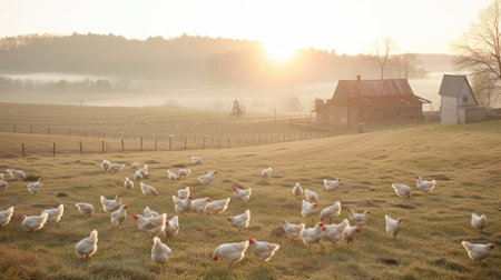 an empty farm greenfield at sunrise, where white hens roam freely, in an ultrarealistic depiction that brings the serene beauty of rural life to lifeの素材