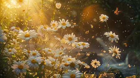 blooming white daisies, their delicate petals shimmering under the golden sunlight, while vibrant yellow centers add a touch of warmth and vibrancy to the sceneの素材