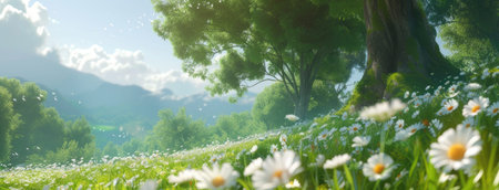 blooming white daisies, their delicate petals shimmering under the golden sunlight, while vibrant yellow centers add a touch of warmth and vibrancy to the sceneの素材