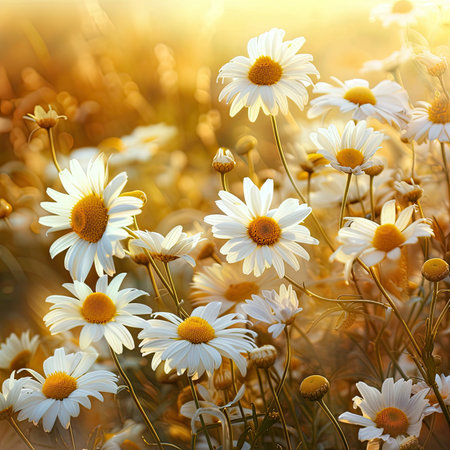 blooming white daisies, their delicate petals shimmering under the golden sunlight, while vibrant yellow centers add a touch of warmth and vibrancy to the sceneの素材