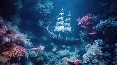 a sailing frigate, its mast protruding through the water's surface, as it is stuck on an underwater coral reef during the dark of night, evoking a sense of peril and isolationの素材