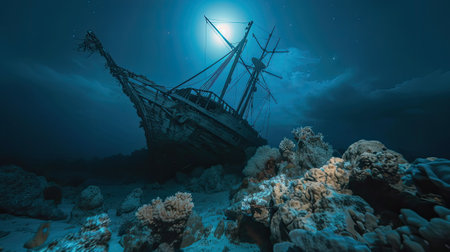 a sailing frigate, its mast protruding through the water's surface, as it is stuck on an underwater coral reef during the dark of night, evoking a sense of peril and isolationの素材