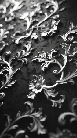 A luxurious wallpaper design in black and white, showcasing delicate flowers with a touch of gold accents, created using high-quality materials for a rich and opulent lookの素材