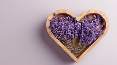 a wooden gift box adorned with delicate lavender flowers arranged in a heart shape, presented in a top view on a light background, rendered in ultra realistic style with space for textの素材
