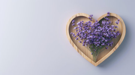 a wooden gift box adorned with delicate lavender flowers arranged in a heart shape, presented in a top view on a light background, rendered in ultra realistic style with space for textの素材