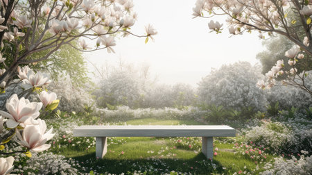 an empty light gray wooden table set against the backdrop of a lush garden with a blooming magnolia tree, evoking a sense of tranquility and natural beautyの素材