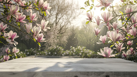 an empty light gray wooden table set against the backdrop of a lush garden with a blooming magnolia tree, evoking a sense of tranquility and natural beautyの素材