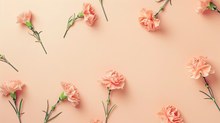 Carnation flowers against a clean, light peach background, offering ample copy space for text, in a top-down view, with soft tones that exude sophisticationの素材