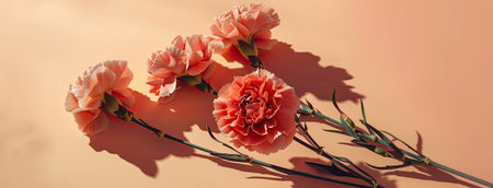 Carnation flowers against a clean, light peach background, offering ample copy space for text, in a top-down view, with soft tones that exude sophisticationの素材