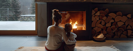 a young mother and her daughter as they sit together by a cozy fireplace, enveloped in warmth and love, creating a tender and nurturing atmosphereの素材