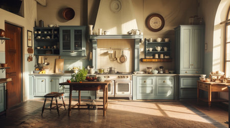 a kitchen in light tones, designed in the American style, featuring spacious countertops, modern appliances, and cozy seating areas, evoking a sense of warmth and comfortの素材