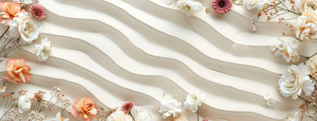 a beach-inspired background with light sand adorned by scattered flowers as decor, with ample copy space, evoking a sense of serenity and natural beautyの素材
