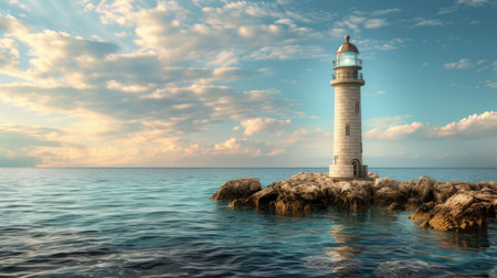 a luxurious stone lighthouse standing proudly amidst the vast expanse of a beautiful ocean, illuminated by the soft daylight lighting, evoking a sense of grandeur and tranquilityの素材