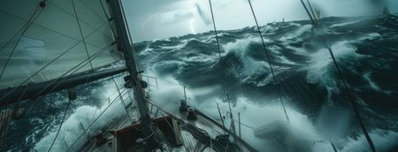 on a boat during a raging storm, with waves crashing against the vessel, rain lashing the deck, and dark storm clouds looming overhead, creating a scene of peril and survivalの素材