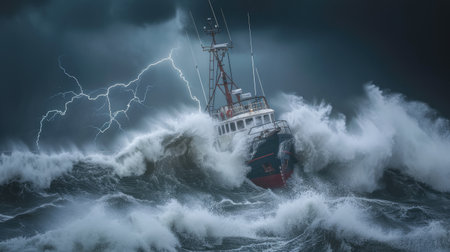 on a boat during a raging storm, with waves crashing against the vessel, rain lashing the deck, and dark storm clouds looming overhead, creating a scene of peril and survivalの素材