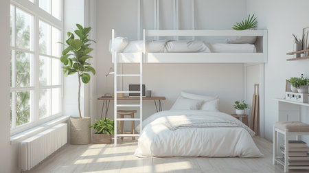 A serene and cozy white bedroom with a loft bed, complete with a workspace underneath, bathed in natural light from a nearby windowの素材